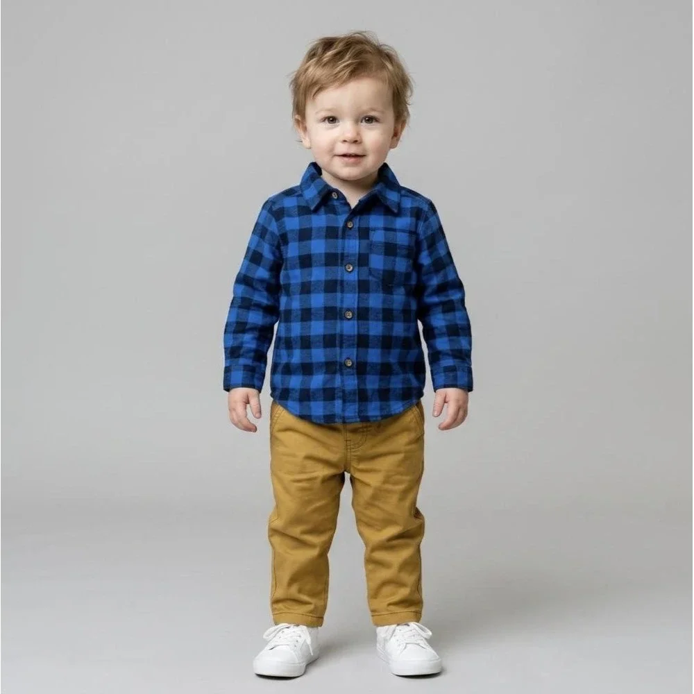 Carters Baby Boys Brown Pants & Long Sleeve Plaid Blue Shirt Outfit Set 24Months